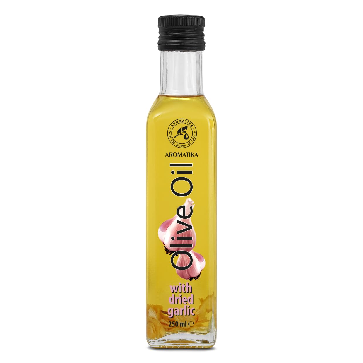 aromatika-oliven-l-mit-getrocknetem-knoblauch-250-ml-glasflasche image 1